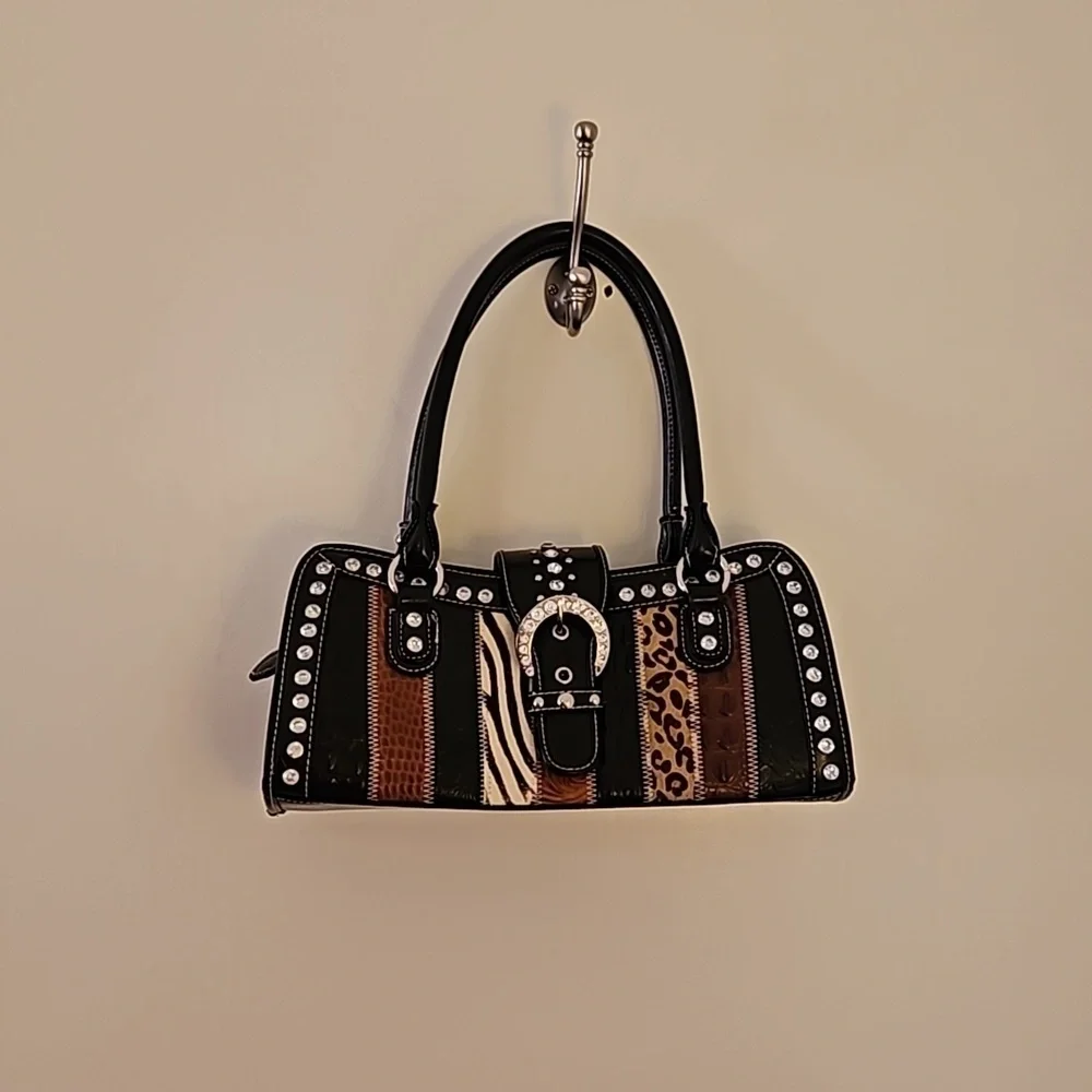 Vintage 1990s Mixed Animal Print Rhinestone Buckle Leather Baguette Satchel Bag